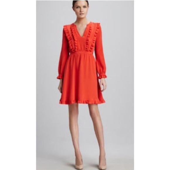 Kate Spade 100% Silk Ruffle V-Neck A-Line Dress with long sleeve Size 12